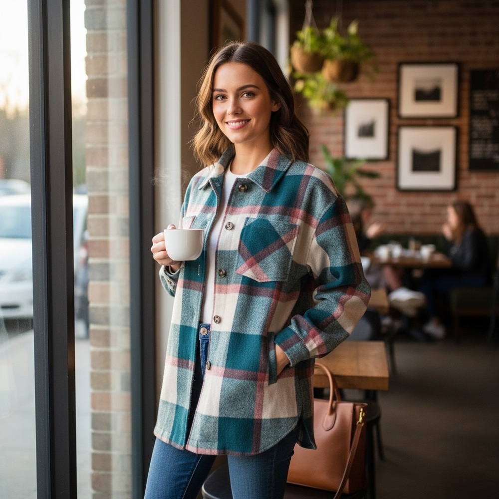 Stitch fix: VIGOSS Size: XS Oversized Teal Green Orange Plaid Shacket Flannel - Picture 6 of 15